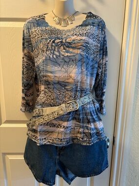 Alfred Dunner Blue and Cream Printed Long-Sleeve Top
